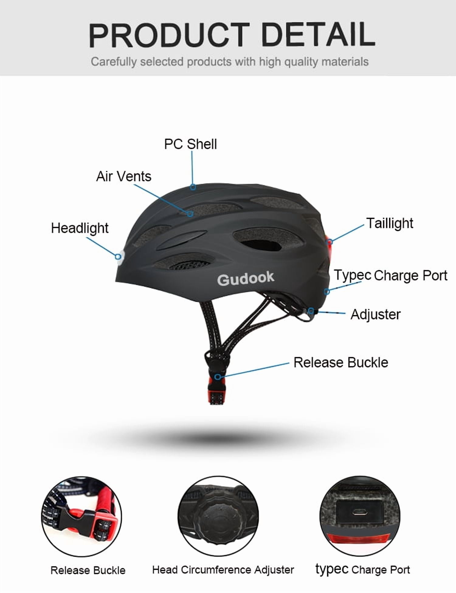 GUDOOK Bike Helmet Adult Bike Helmets for Men/Women:  USB Rechargeable LED Front and Rear Lights for Cycling Urban Commuter Skateboard