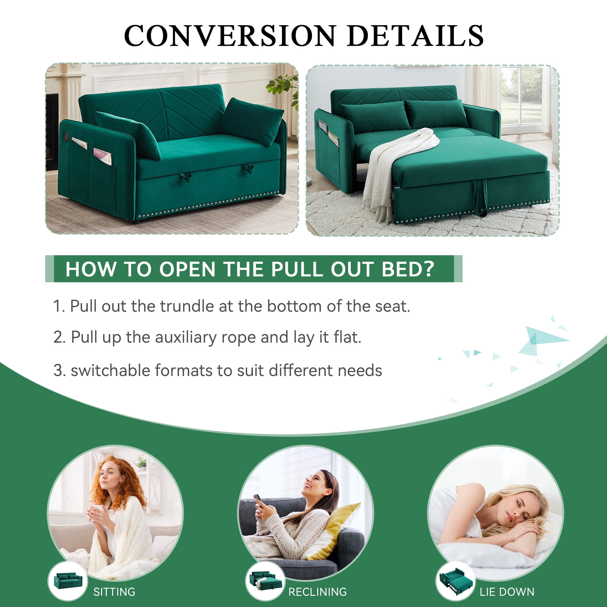 Dinosisco Convertible Sleeper Loveseat with USB, 55" Velvet Futon Sofa Bed, Green
