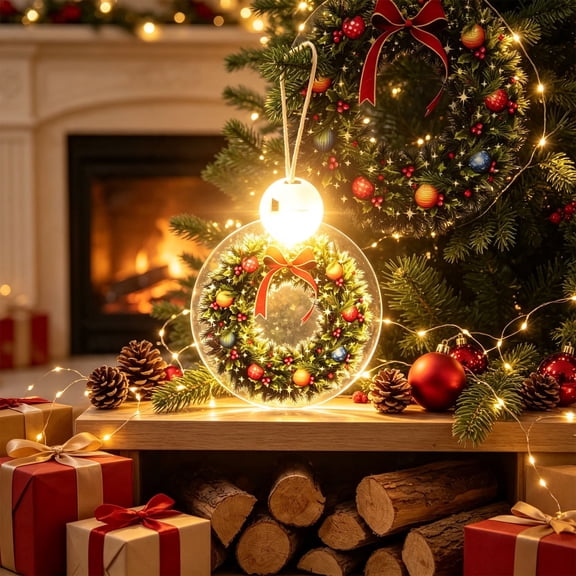 Light up Acrylic Christmas Ornament, Wreath Pattern Round Hanging Decoration with LED Glow for Christmas Tree, Window, Wall, Mantel, Holiday Party, and Seasonal Indoor Display, Clear