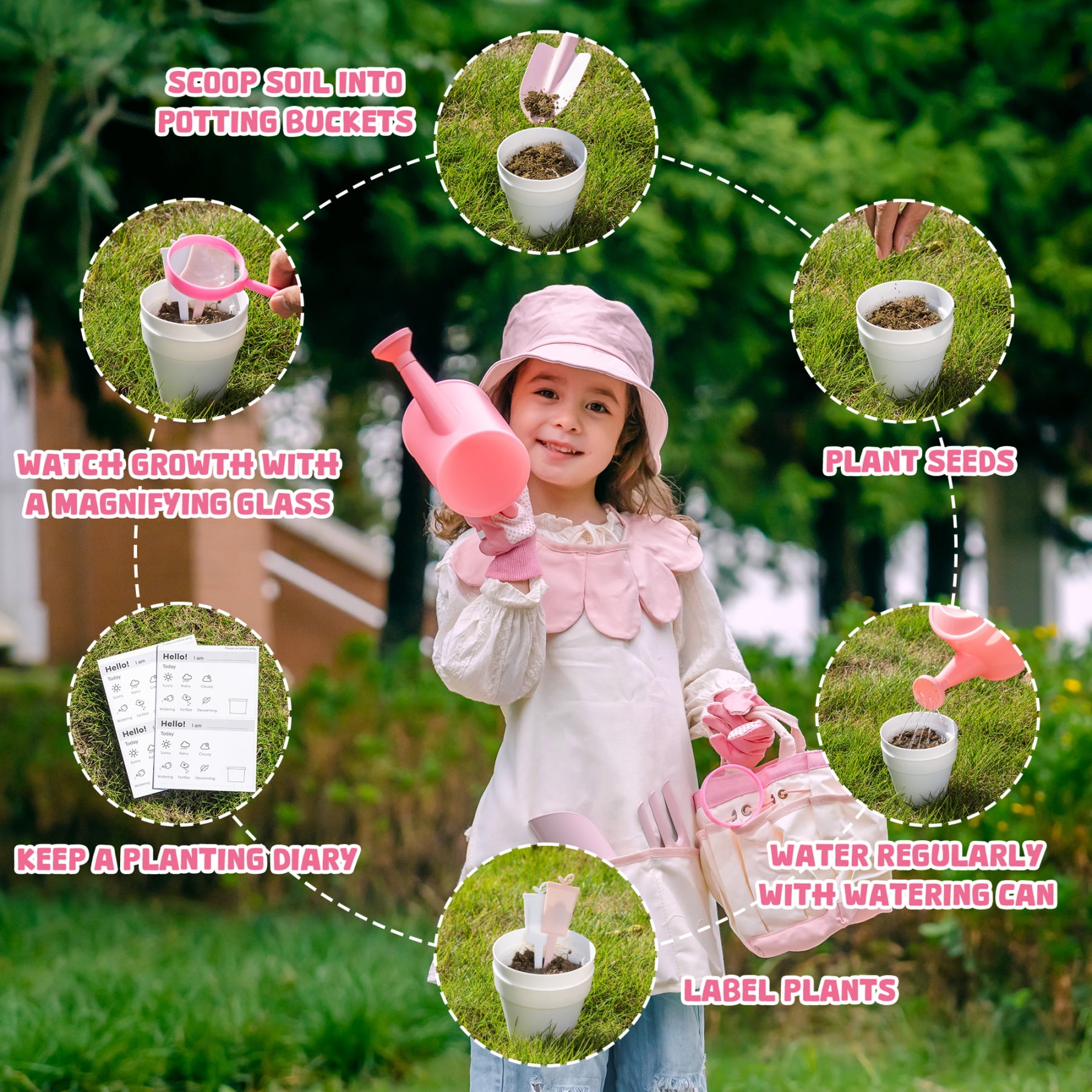 ROBUD Kids Gardening Set, 10 PCS Bow Theme Garden Tools with Shovel, fork, Sand-digging tools, Hat, Storage Bag, Apron, Waterproof Gloves– Educational Outdoor Toy Gift for Girls and Toddlers (Pink)