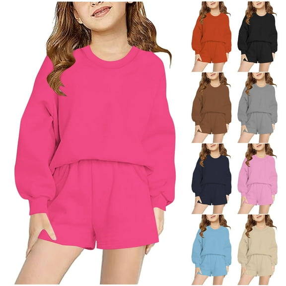 WRKEKC Kids Fall Winter Outfits for Girls Boys 4-16 Years Long Sleeve Sweatshirt and Shorts Two Piece Casual Loose Fit Warm Set