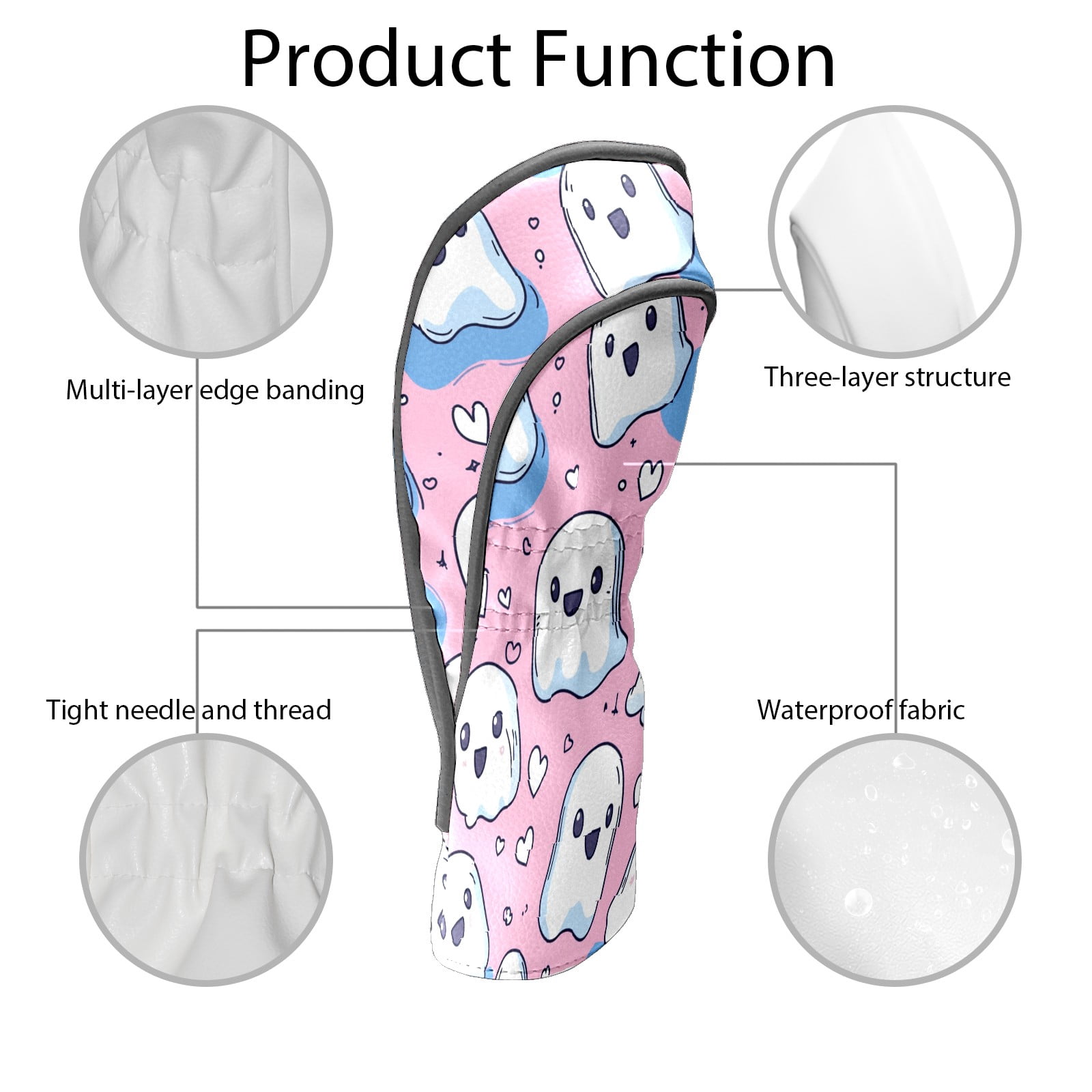 Golf Club Covers, PinkBlue Heart Ghosts Premium PU Leather Driver Hybrid Putter Head Covers with Velvet Lining, Waterproof Golf Gifts for Men Women