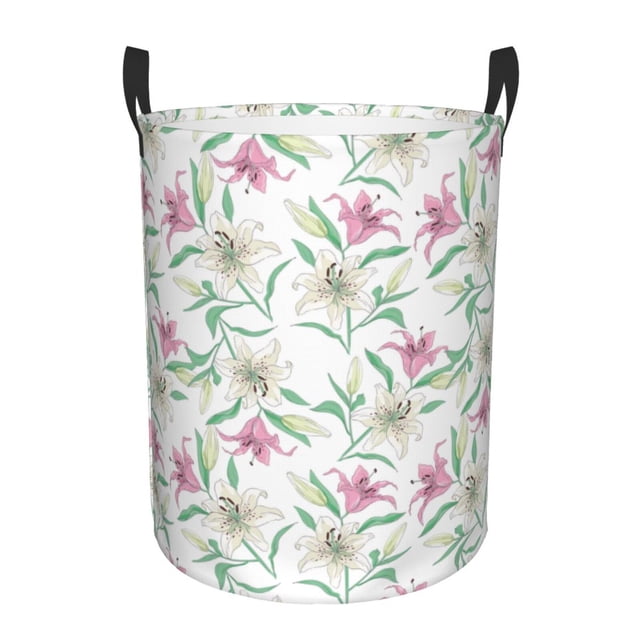 Balery Lilies Flowers Cesta de ropa redonda con asas, impermeable, independiente, para ropa, juguetes, dormitorio y familia-Medium