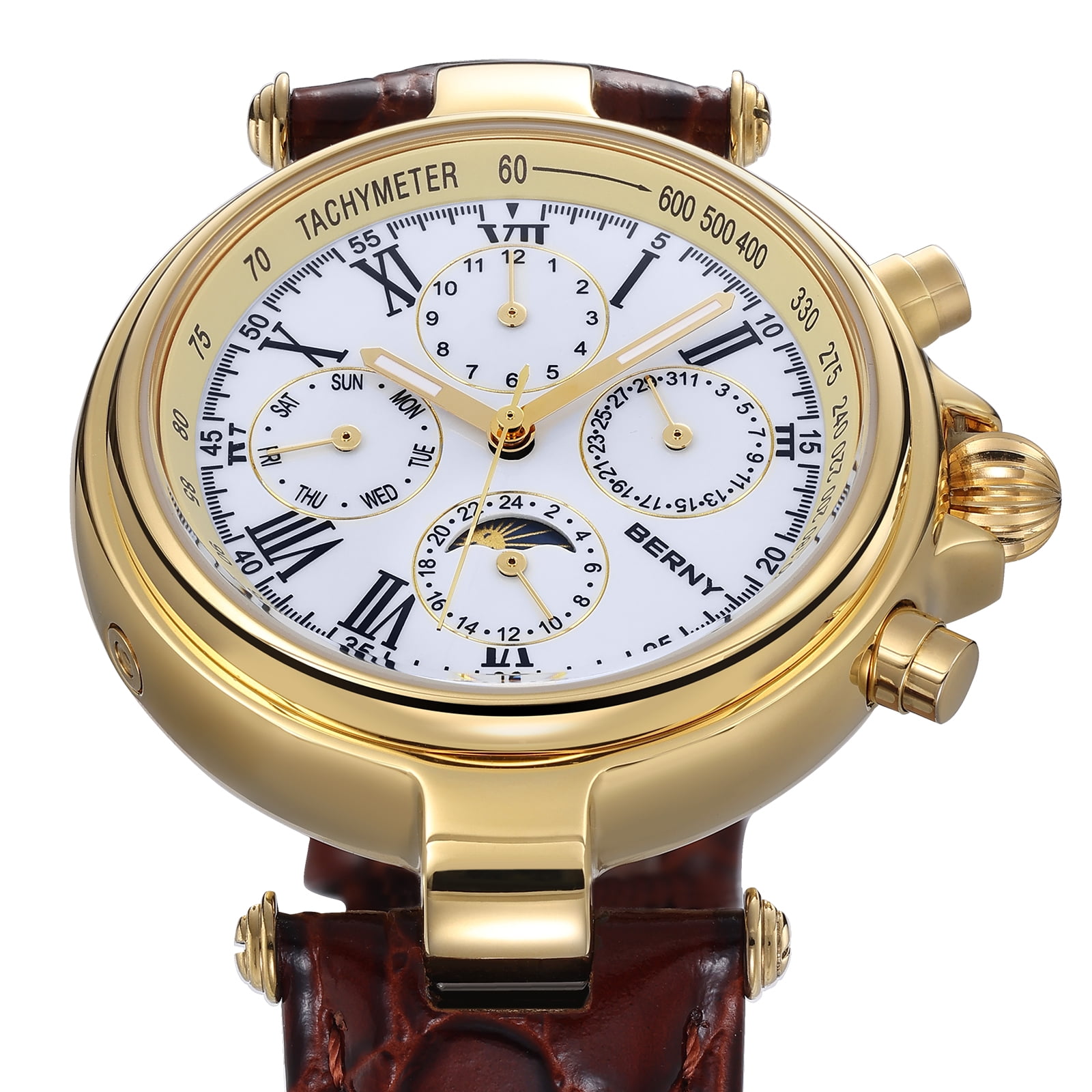 BERNY Automatic Watch for Men Classic Mechanical Self Winding Wristwatch 3ATM Waterproof Multi-Functional Dials Date, Week, Month and Moon Phase