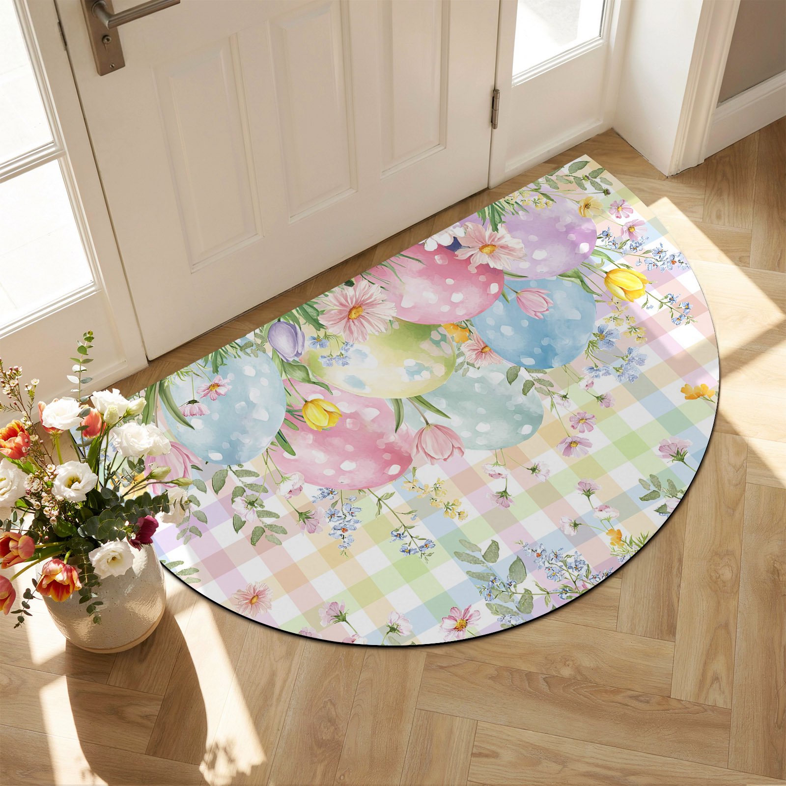 Front Door Mat Outside Entrance 18 x30 Colorful Easter Absorbent & Non-Slip Half Circle Doormat Indoor Entrance Low-Profile Welcome Mat for Entryway Patio Easter Eggs Botanical Spring Floral