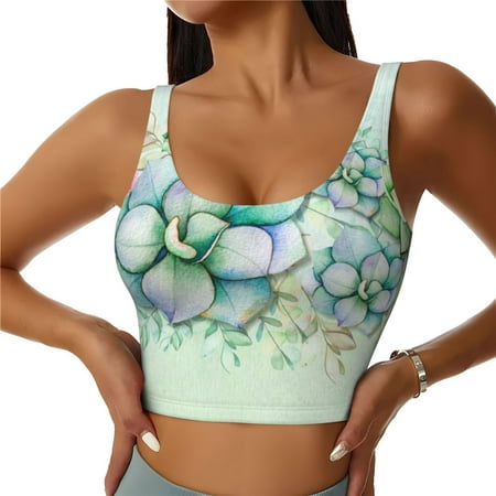 Jgfou Succulent Print Womens Sports Bra - Padded Workout Sports Bras Crop Tank Top