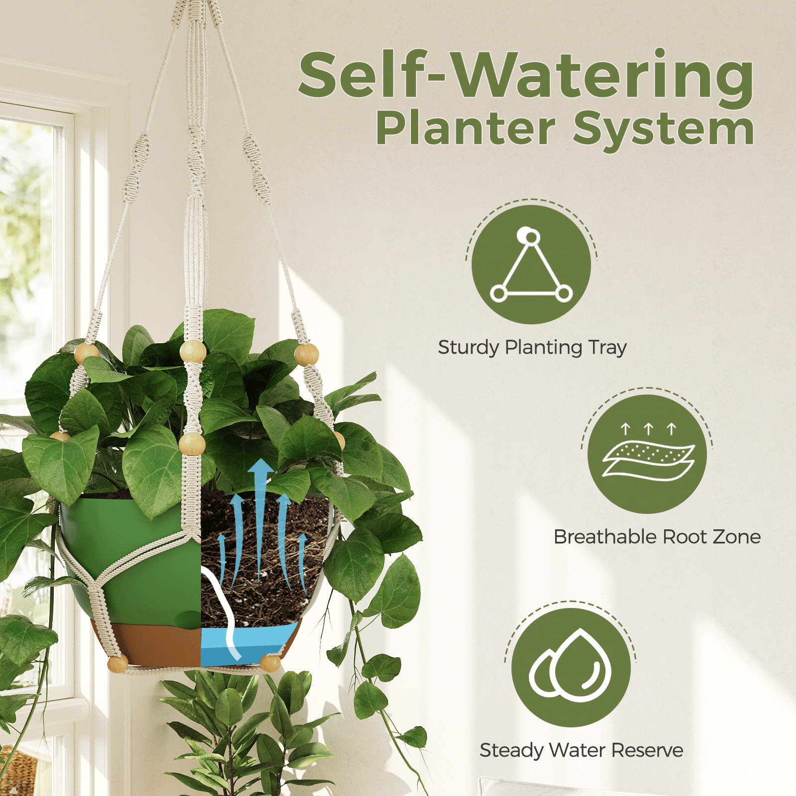 10 inch Plant Pot Hanging Planters Self Watering Pots for Indoor Plants, 3 Pack Plastic Hanging Basket with Removable Tray for Home Garden Porch Balcony Patio Decor,green