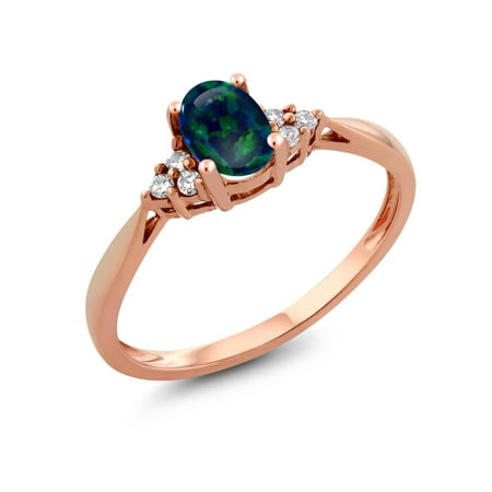 14k Green Ring - 0.50 Ct Oval Cabochon Green Simulated Opal and Diamond 14K Rose Gold Ring