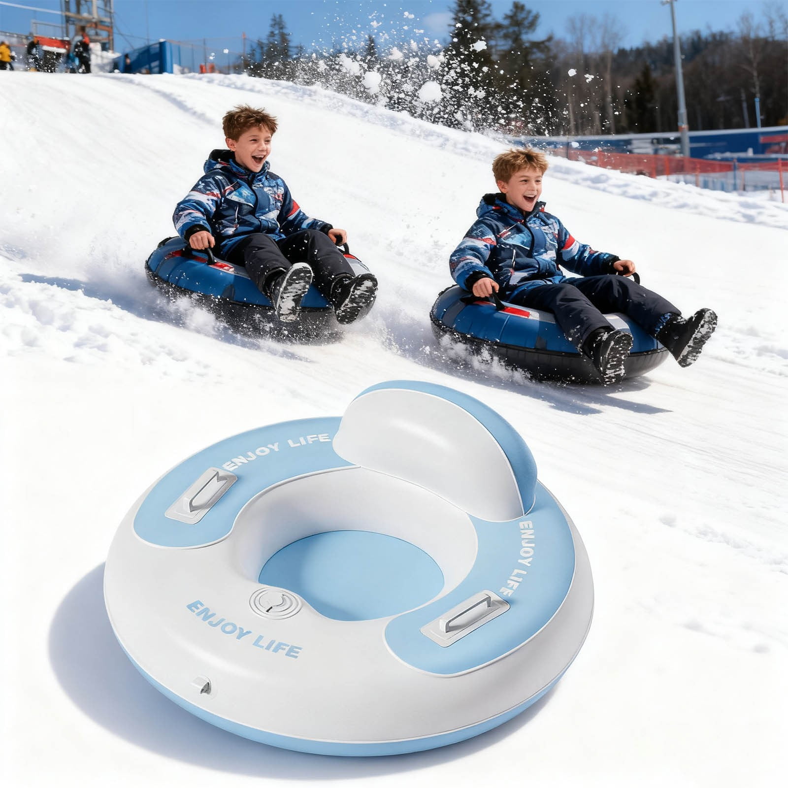 FHBVT Snow Tube Sled Inflatable Winter Riding Toy PVC Heavy Duty Round Snow Tube With Handles Fast Inflation Fun Outdoor Snow Play Hillside Backyard Winter Activity Kids Family Holiday Snow Toy