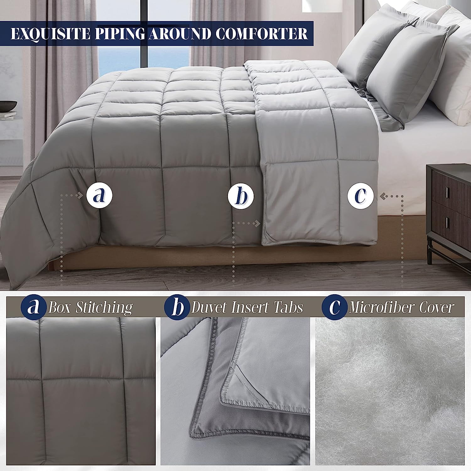 Mocassi Reversible 3-Piece Comforter Set with Matching Shams, Two Colors in One for Ultimate Versatility and Style, King/California King, Gray/Silver