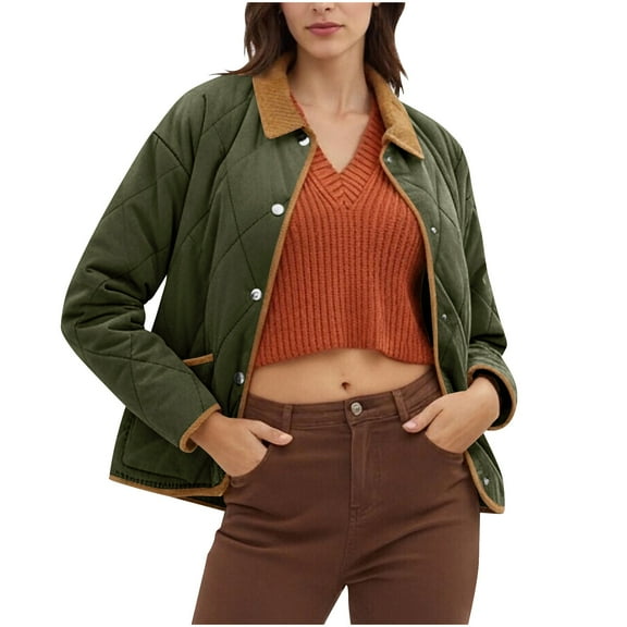 FNFHFY Plus Size Quilted Jacket for Women Contrast Collar Barn Jacket Lightweight Snap Dowm Puffer Jackets Warm Winter Coat with Pockets