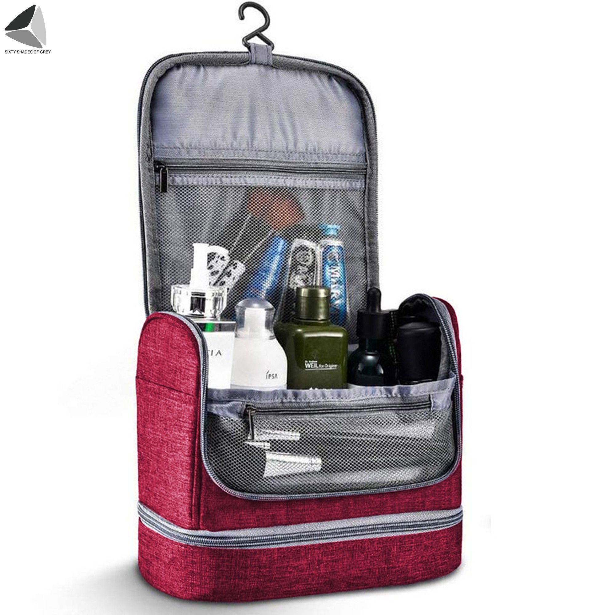 PULLIMORE Large Hanging Toiletry Bag for Women and Men, Travel Toiletry Bag Organizer for Toiletries, Cosmetics, Makeup Bag with Mesh (Red)