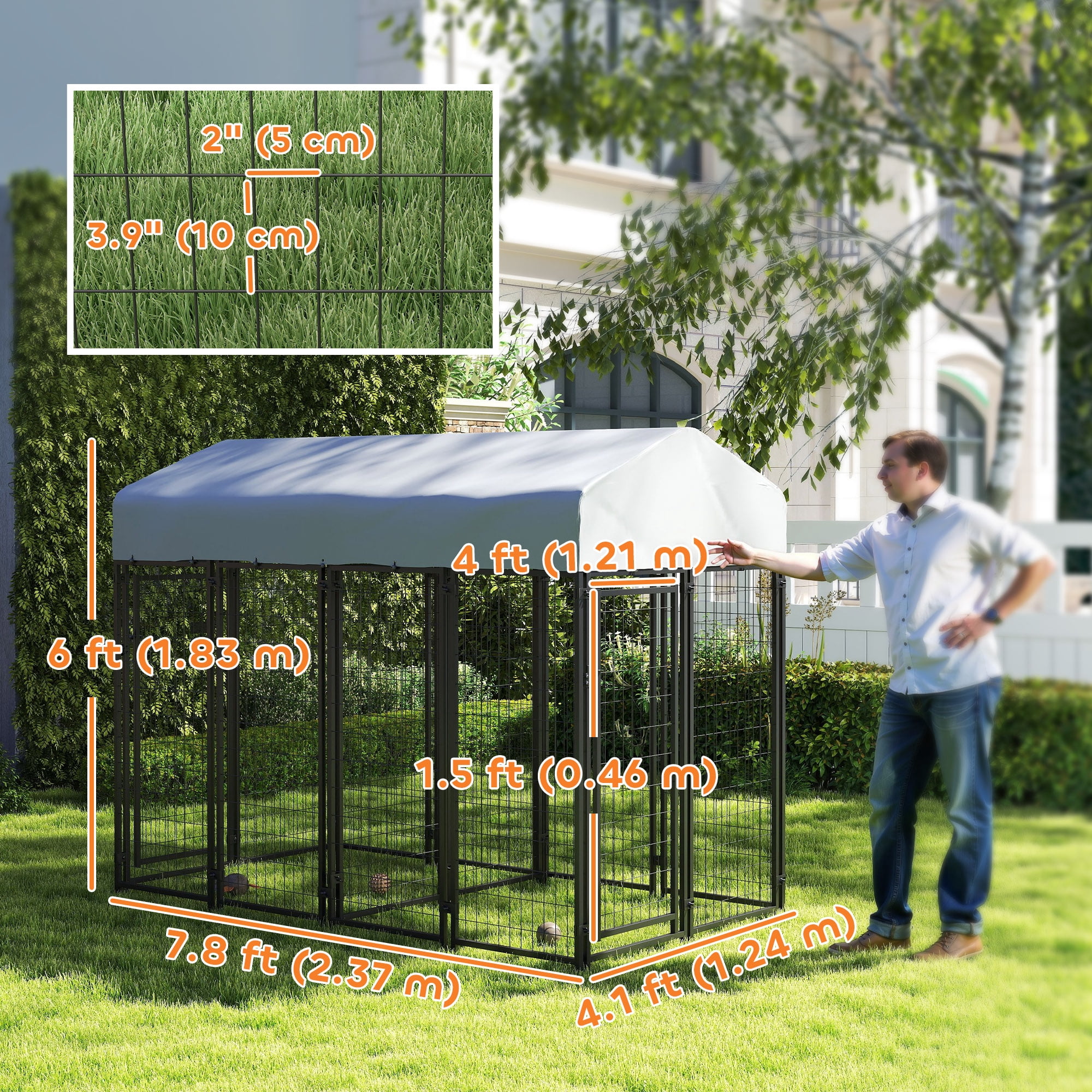PawHut Outdoor Dog Kennel with Two-Room Design, Large Dog Run with Water-Resistant & Sun-Proof Cover, for Small, Medium, Large Dogs, 8' x 4' x 6'