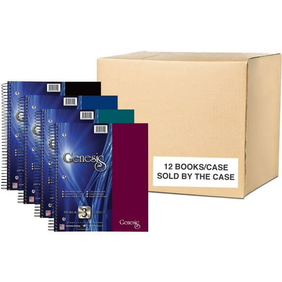 Roaring Spring Genesis College Ruled 3 Subject Spiral Notebook with Double Pocket, 1 Case (12 Total), 11" x 9" 150 Sheets, Assorted Colors