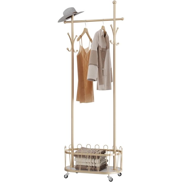 70” Rolling Clothes Rack with Basket, KIOULIK Metal Gold Clothing Rack