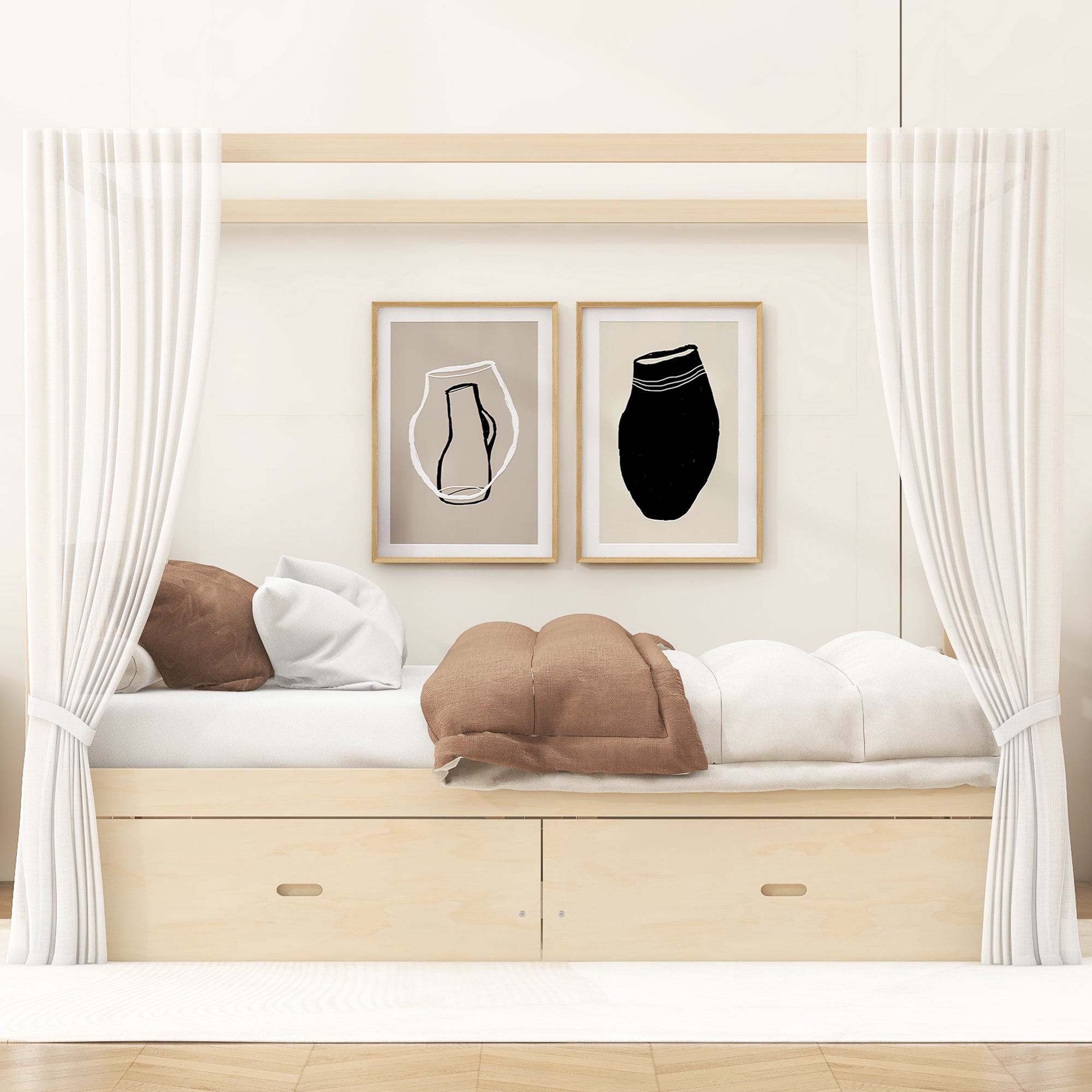 Mintazer King Size Canopy Bed with 2 Storage Drawers, Platform Bed Frame with Slatted Guardrails, No Box Spring Needed, Natural