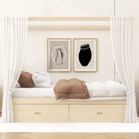 MODERNLUXE Wood Queen Size Canopy Bed with 2 Drawers, Natural