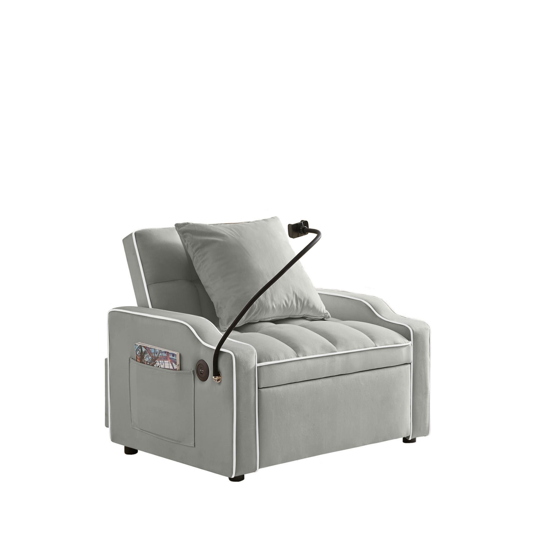 3-in-1 Sleeper Sofa Chair Bed with USB & Type-C, Adjustable Velvet Recliner Couch for Small Spaces, Gray