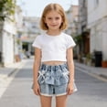 thumbnail image 4 of FAIWAD Girls Pull on Denim Shorts Cute Bowknot Ruffle Denim Shorts Kids Elastic Waist Short Jeans Summer Denim Clothes, 4 of 9