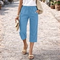 thumbnail image 2 of Capri Pants for Women Cotton Linen Straight Leg Pants with Pockets Cropped Elastic Waist Vacation Trousers, L, 2 of 6