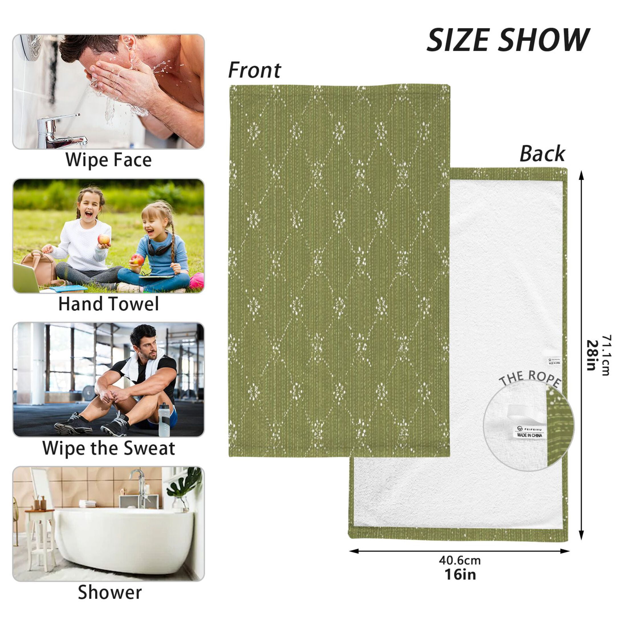 2 Pieces of Cotton Towel Face Towel Set Hand Towel Bath Towel Cotton Bath Towel Sets Olive Green Dotted Lines