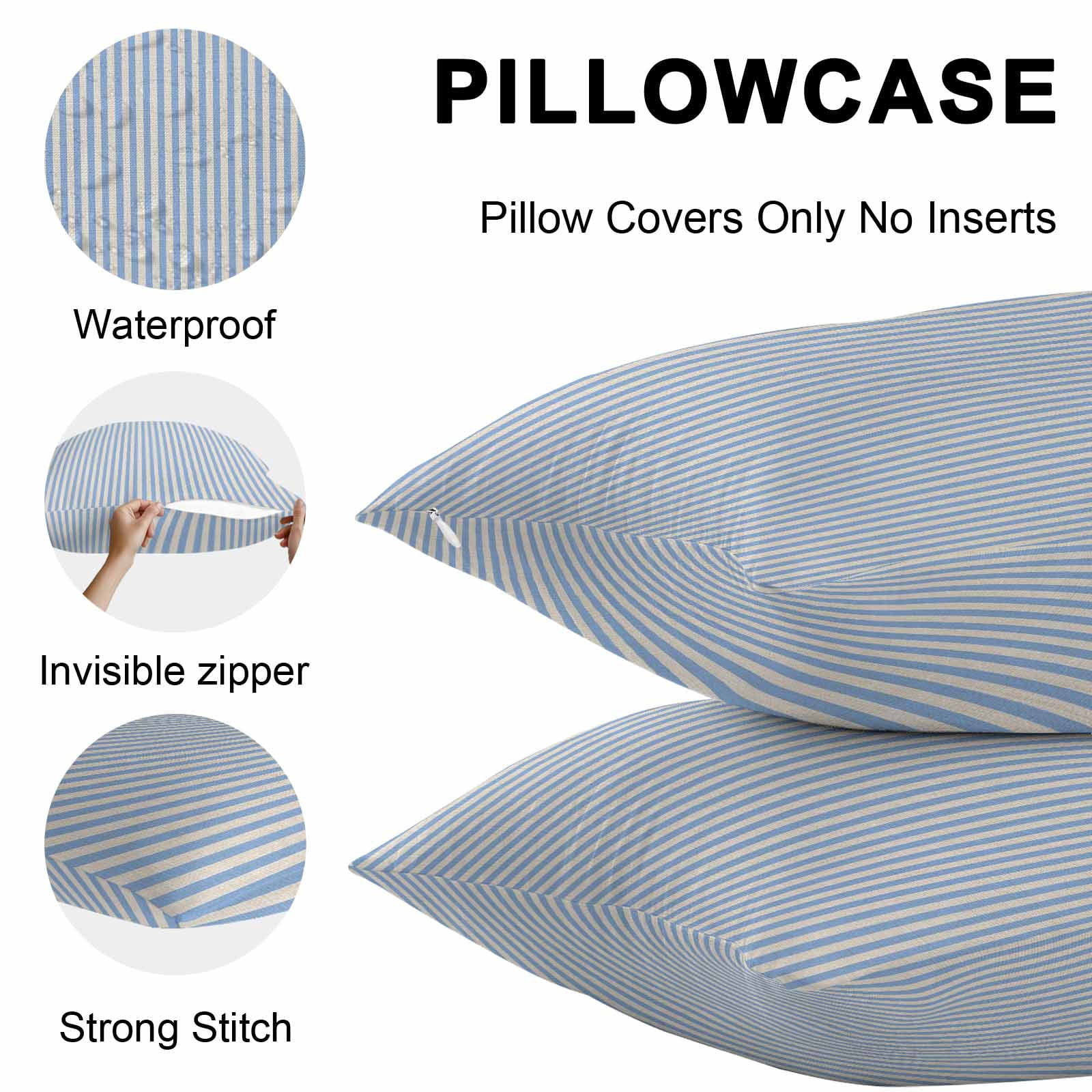 Waterproof Throw Pillow Covers 16x16 Set of 2, Modern Blue Striped on Linen Outdoor Pillowcases with Invisible Zipper, Vintage Vertical Stripes Decorative Cushion Covers for Patio Garden Sofa Couch