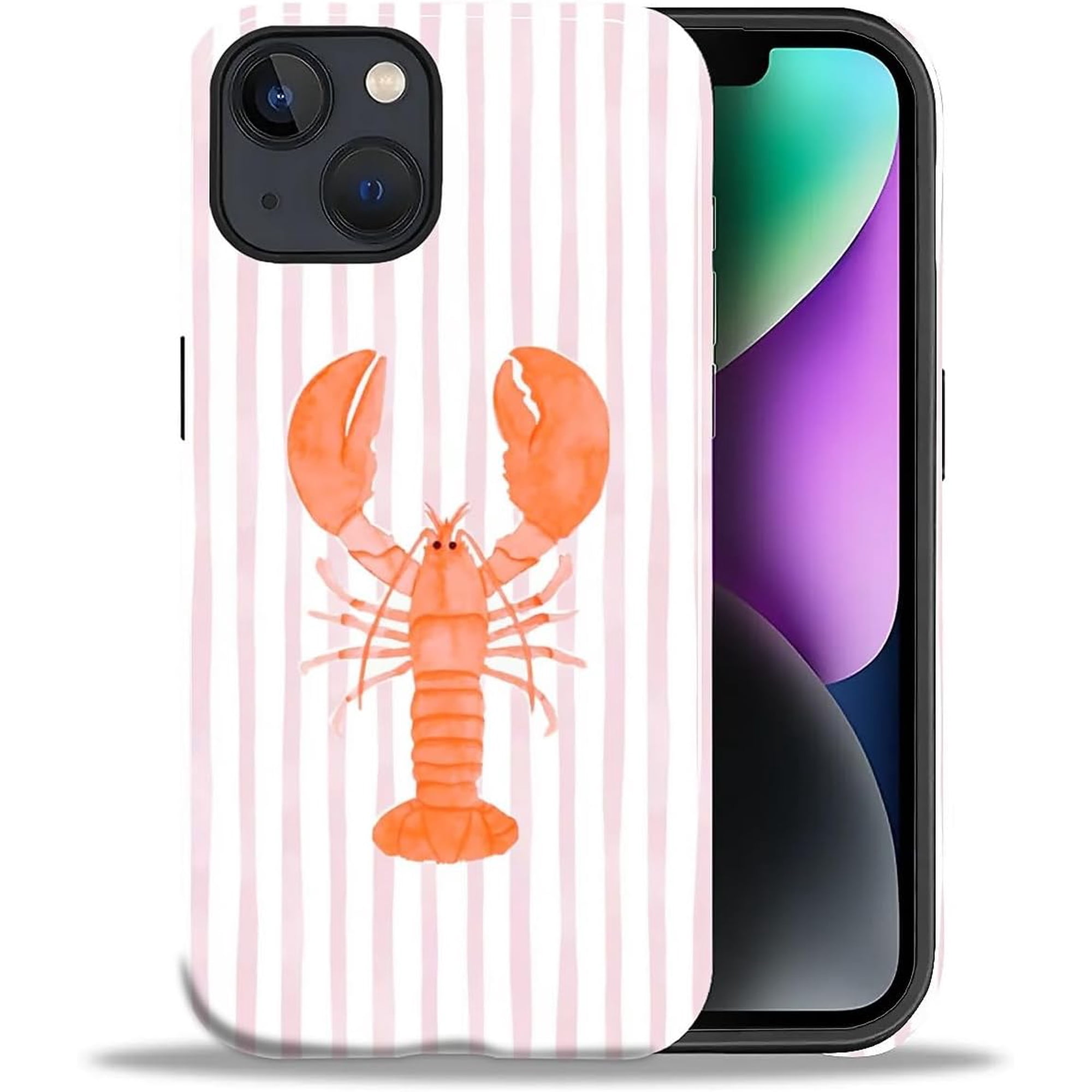 for iPhone 15 Plus Case Hybrid 2-Layer Hard Shell + Silicone Protective Case -Resistant Shockproof- Pink Striped Lobster Collage