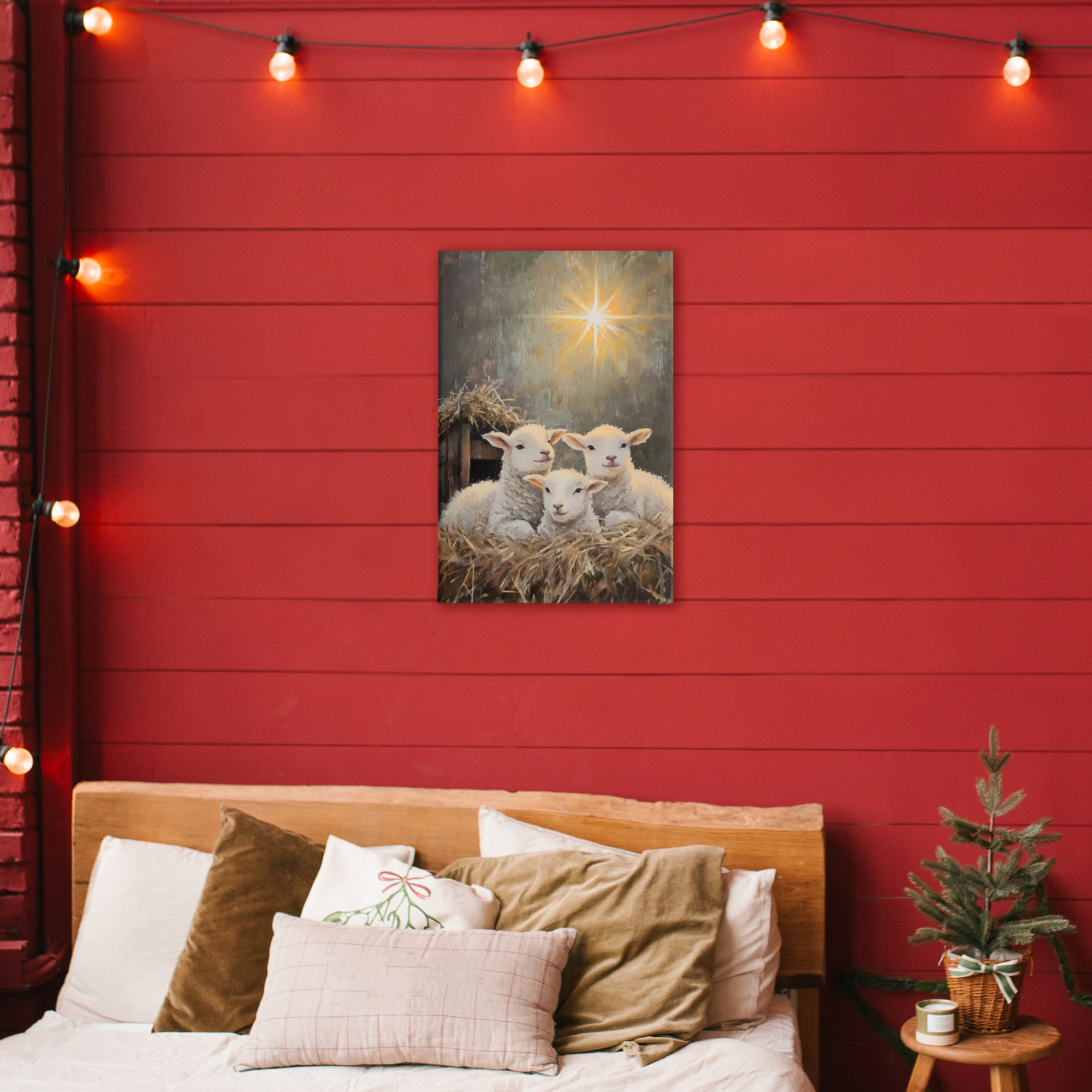 Festive Lambs in Stable Canvas Wall Art, design by Petal Prints Design