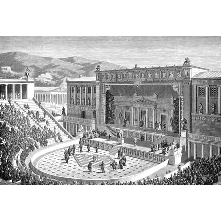 Greek Theatre Na Reconstruction Of The Theatre Of Dionysus In Athens Greece To The Left Above The Spectators Seats Part Of The Enclosing Colonnade In The Foreground The Orchestra With The Thymele