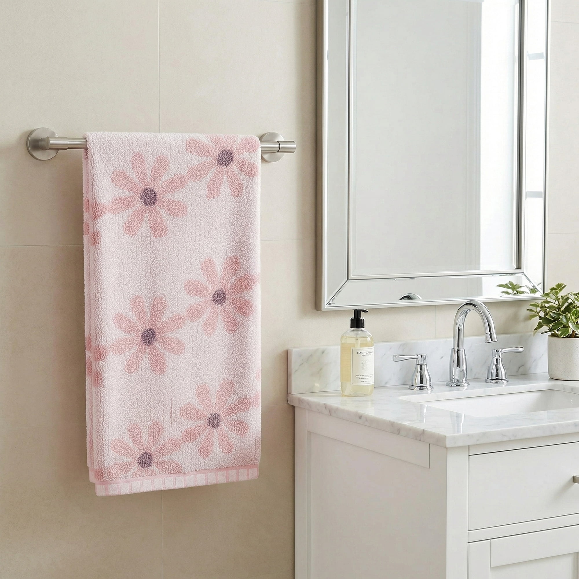 Unique Bargains Pure Cotton Daisy Pattern Ultra Soft Hand Towel Pink 29" x 13"