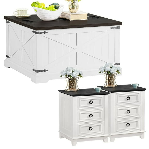 Joaxswe Lift Top Coffee Table with Storage Space and 2 Nightstands with Charging Station for Living Room, White