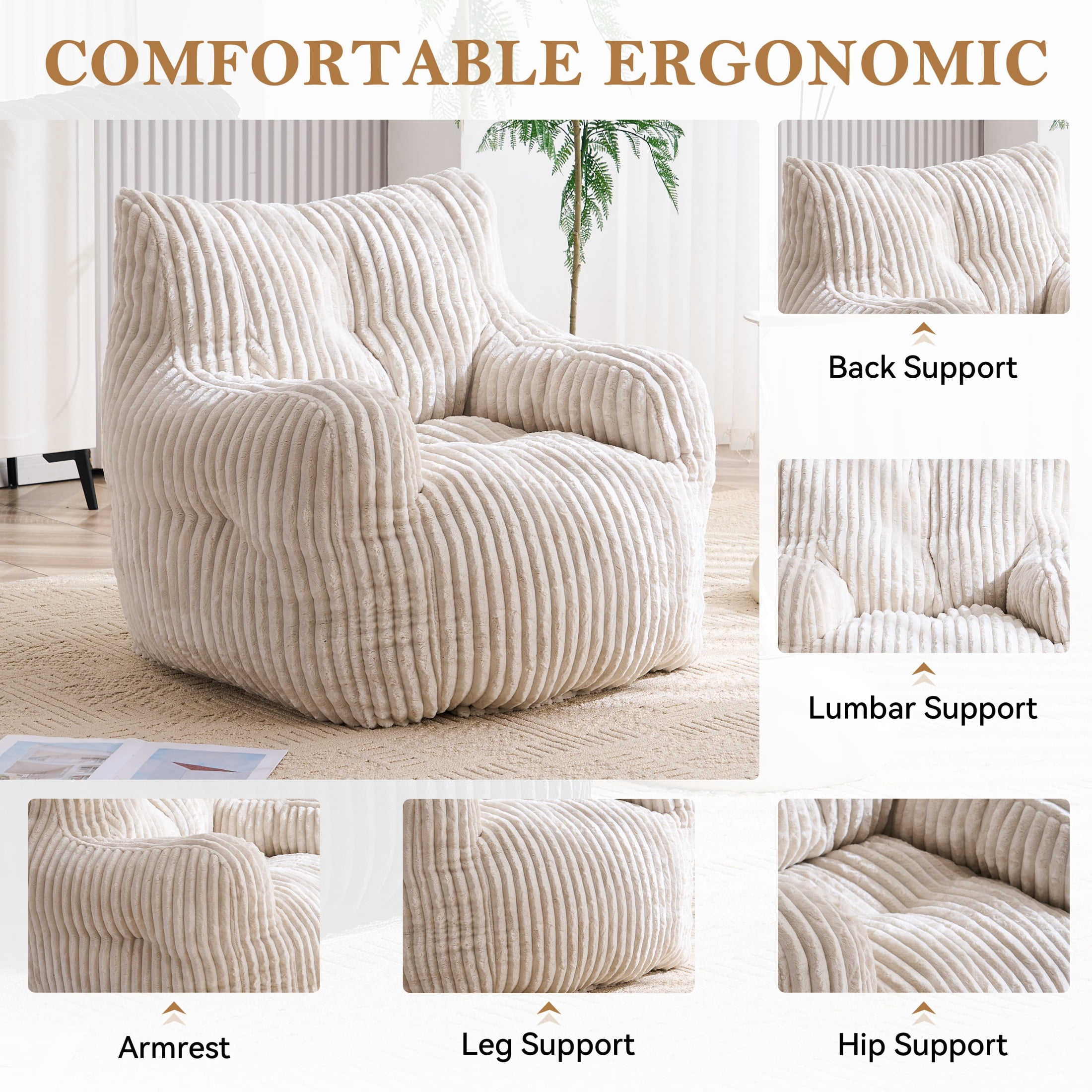 ShiKeyi Bean Bag Chair, Comfy Memory Foam Lazy Sofa for Adults and Teens, Premium Cozy Floor Chair Lounger for Living Room, Bedroom and Dorm, Corduroy-Beige