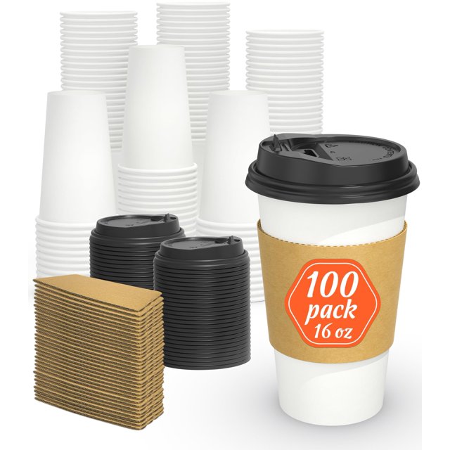 Dealusy 100 Pack 16 oz Disposable Coffee Cups with Lids and Sleeves, Sturdy Thick Paper & Leak-free Insulated to Go Paper Hot Coffee Cups for Hot & C