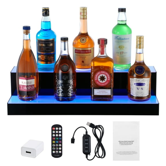 KFFKFF LED Illuminated Bottle Display, 24 Inch 2-Tier Home Bar Lighting Shelf, Acrylic Beverage Rack with RF Remote & App, Multicolor Options