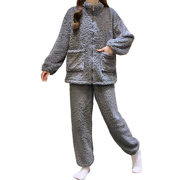 SUYIDA Winter Pajamas for Women Set,Winter Flannel Pajama Set Elegant Jacquard Long Sleeve Thermal Sleepwear Comfortable Loungewear Two Piece Outfit For Cold Nights - Navy