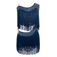 thumbnail image 5 of TiaoBug Kids Girls Latin Dance Outfit Ballroom Salsa Tassel Fringe Dress One Shoulder Crop Top and Skirt Set Navy Blue 14, 5 of 7