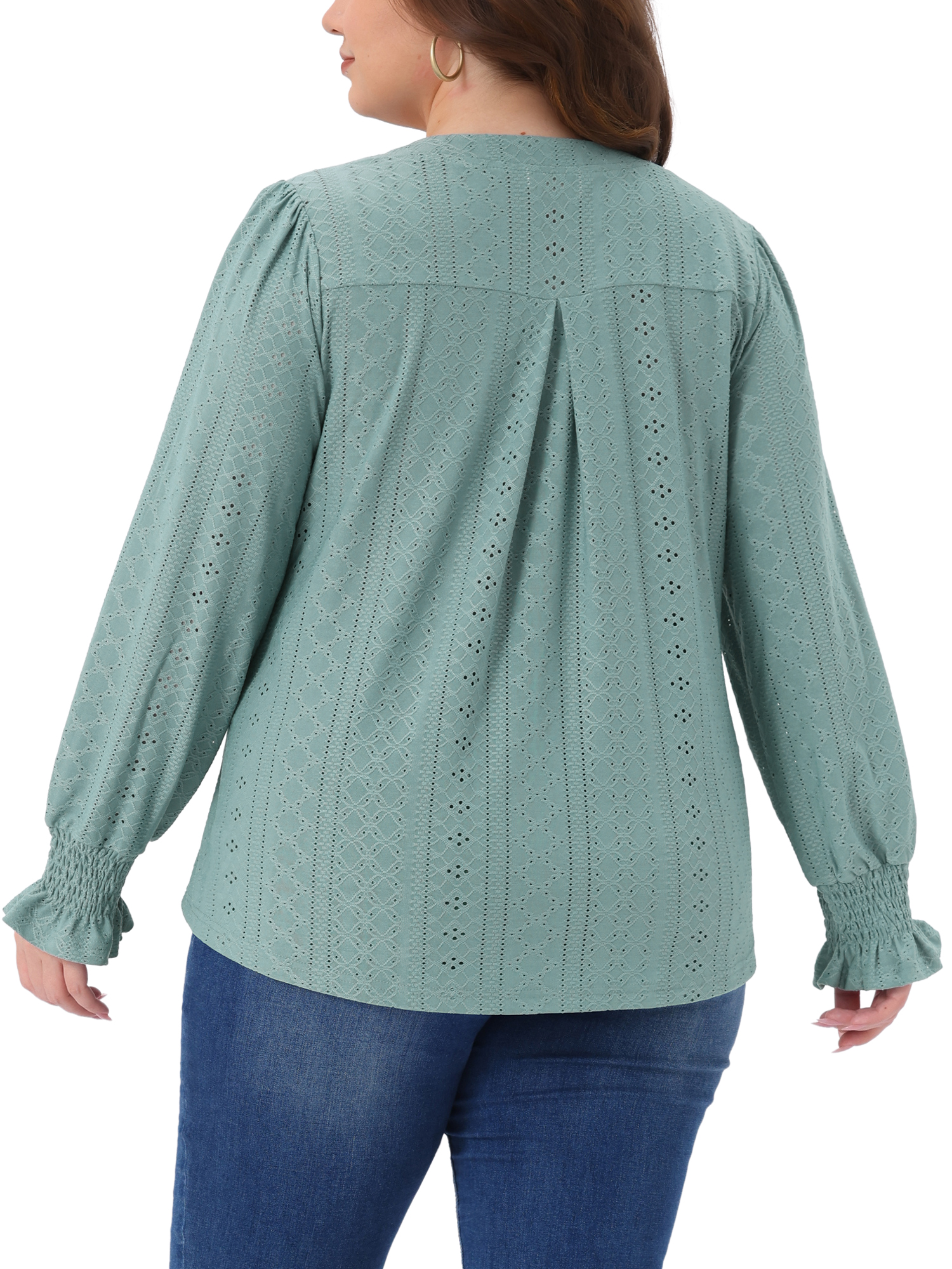 DARING DIVA Women's Plus Notched V Neck Eyelet Smocked Shirts Blouses 1X Bean Green