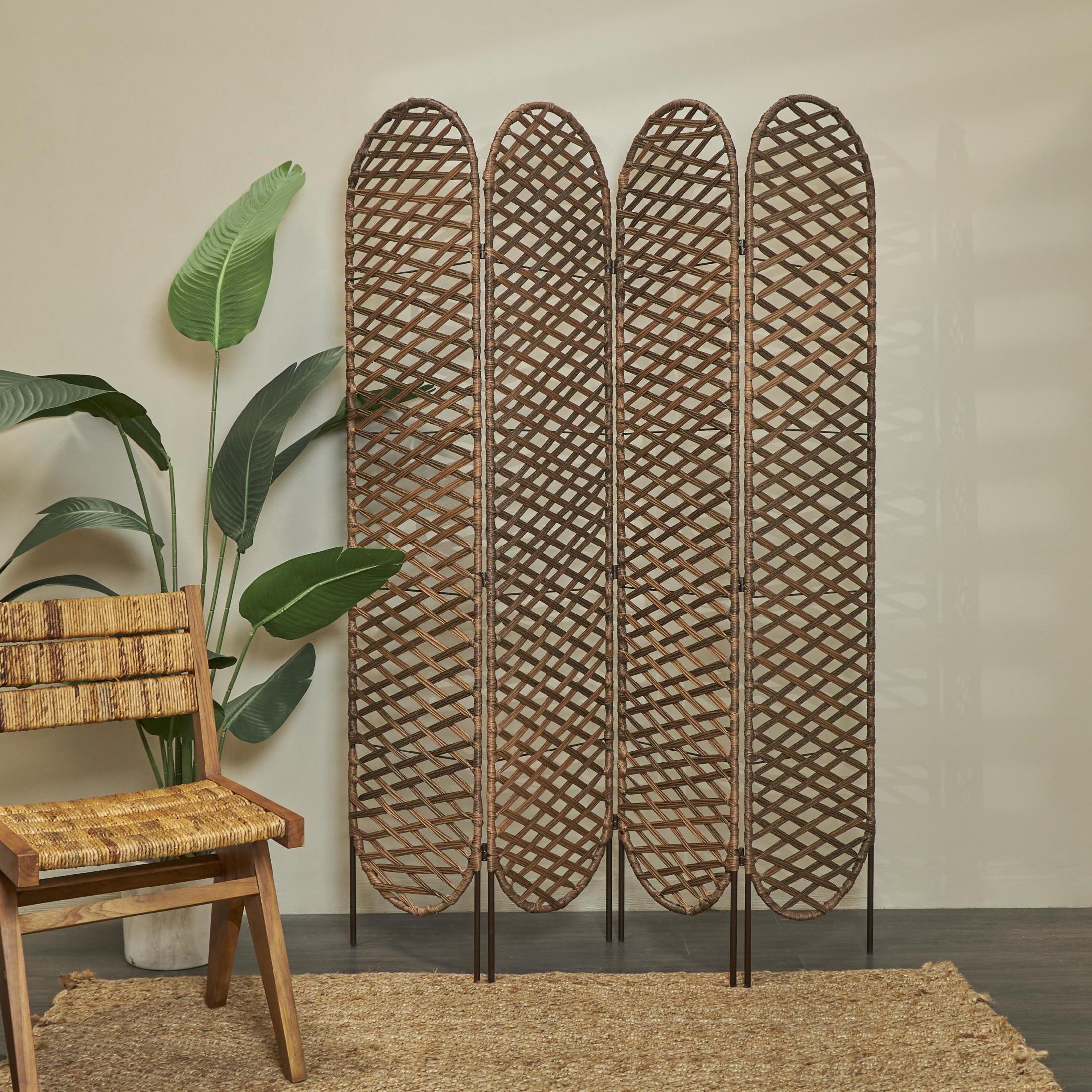 DecMode 60" x 71" Copper Metal Geometric Handmade Foldable Woven 4 Panel Room Divider Screen with Cutouts, 1-Piece