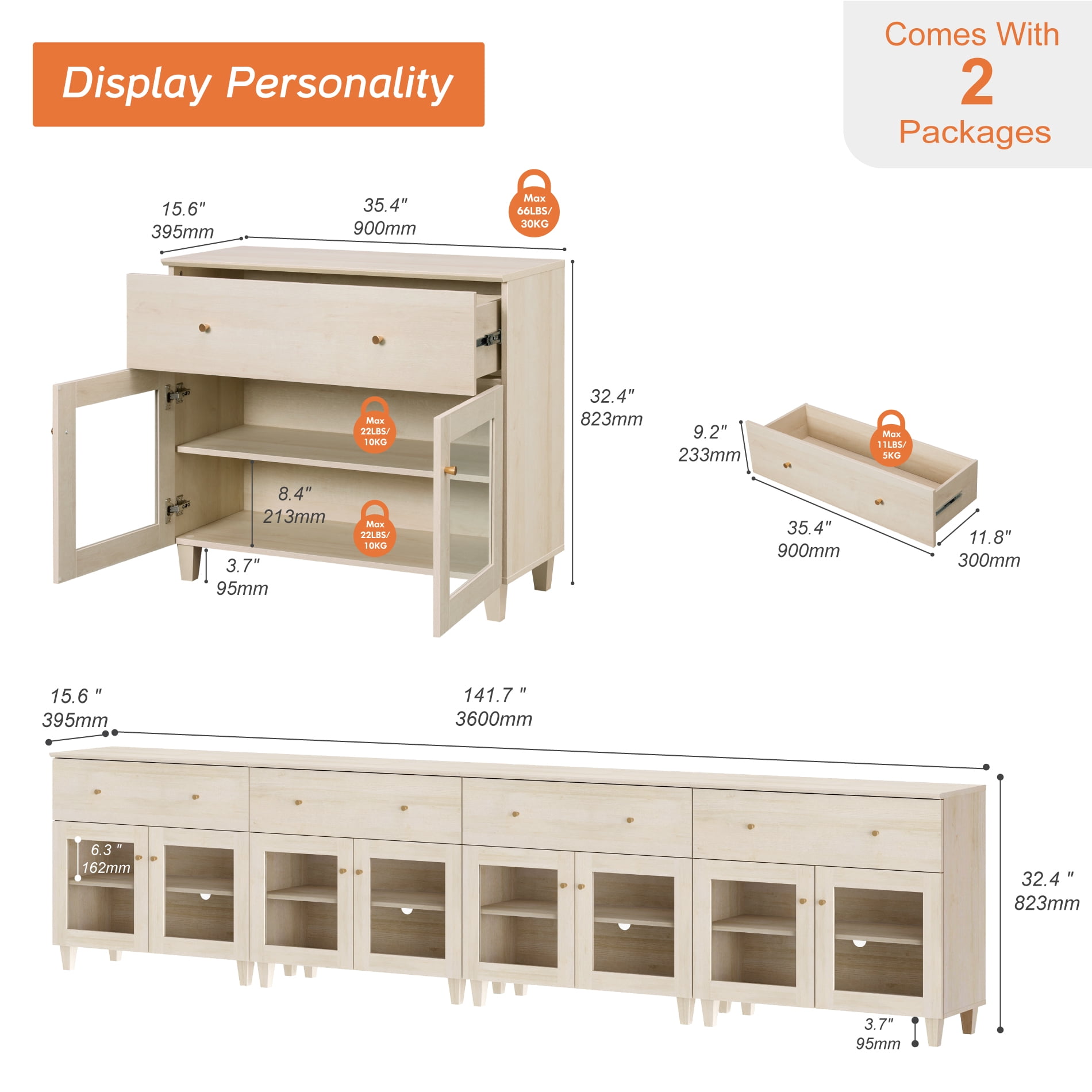 Modern Glass‑Door Dresser Cabinet, Bedroom Organizer – Wide Drawer, Fixed Shelf, Anti‑Tip, Light Oak, 142" W
