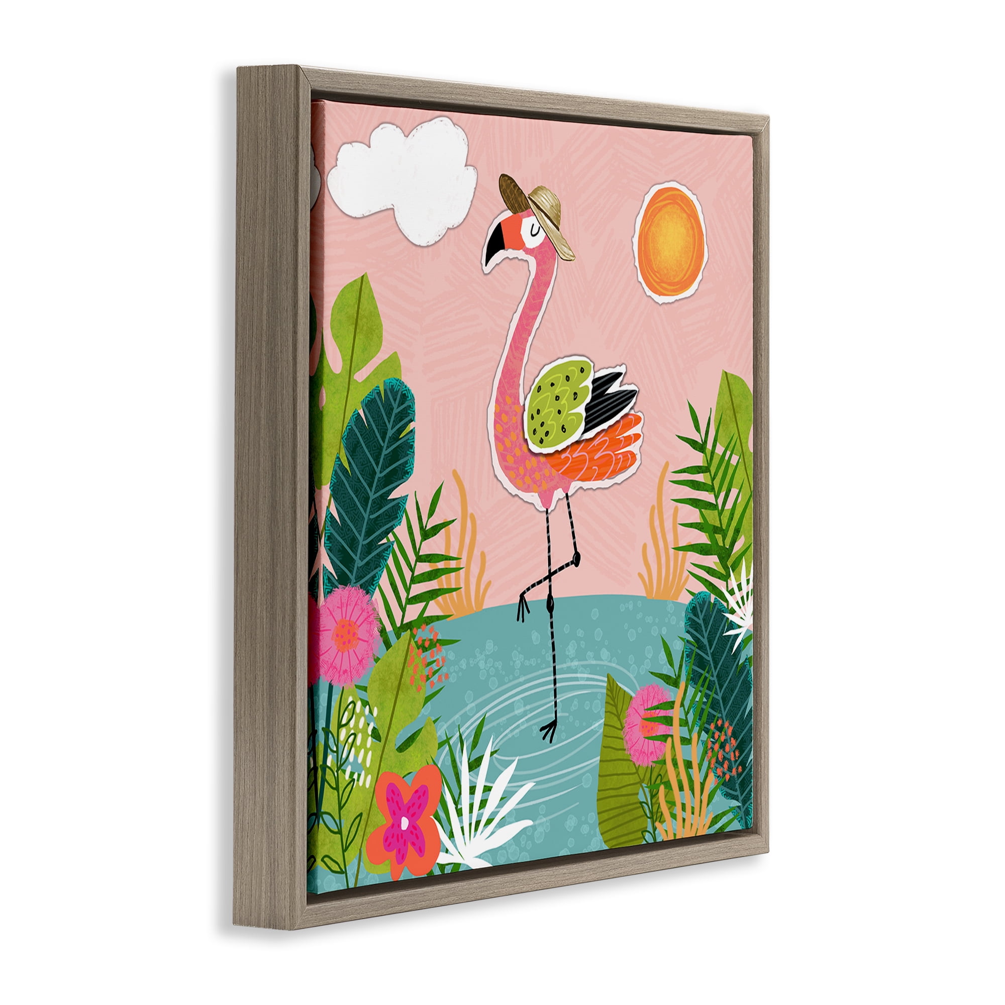 Stupell Industries Tropical Flamingo Pond Animals Painting Brown Floater Framed Canvas Art Print Wall Art, 25 x 25