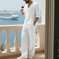 thumbnail image 4 of Seeotter Men's 2 Pieces Cotton Linen Set Henley Shirt Long Sleeve and Casual Beach Pants Summer Yoga Outfits, 4 of 7