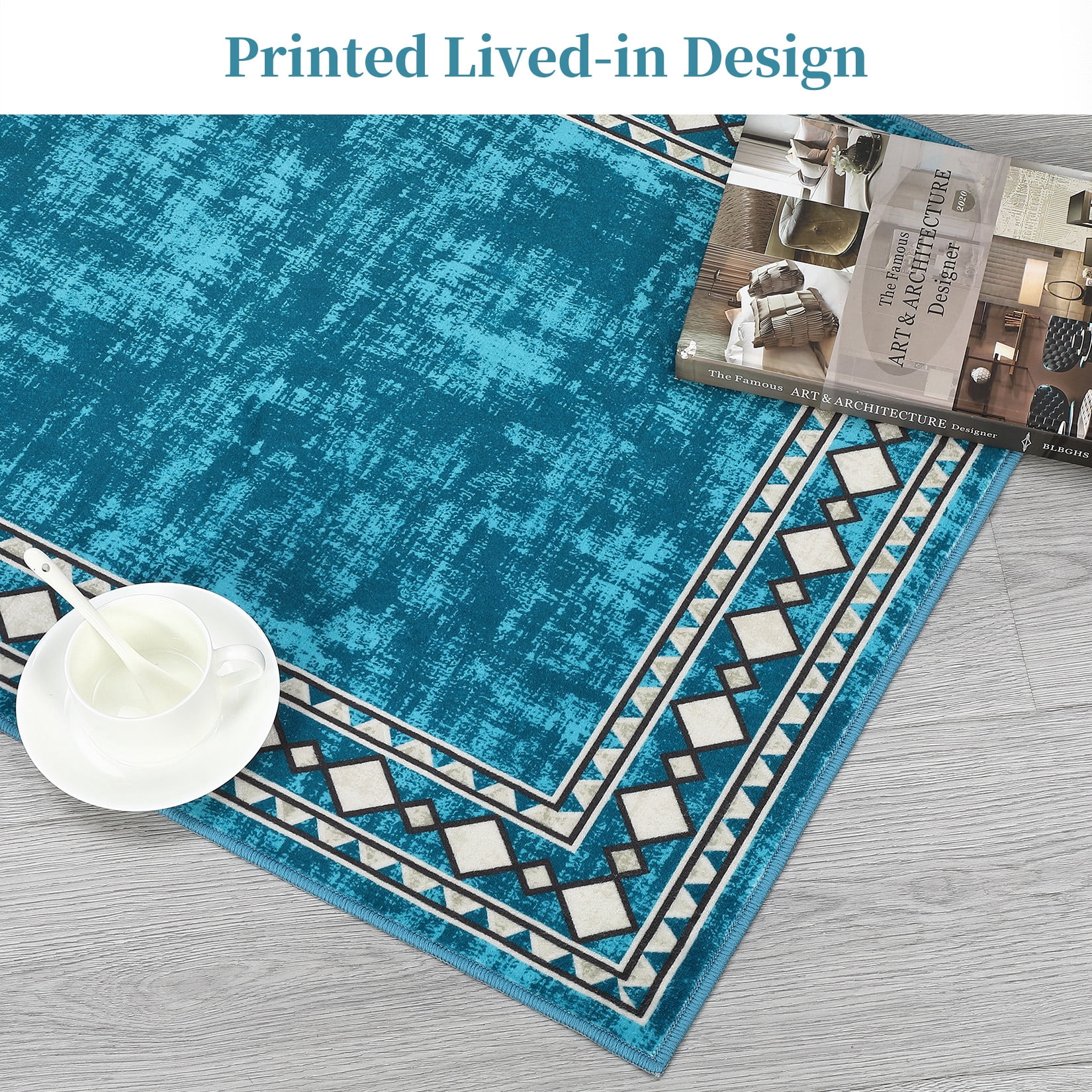 HOMERRY 10' x 13' Area Rug for Living Room Washable Bedroom Geometric Border Indoor Carpet, Teal