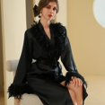 thumbnail image 4 of TFEOQRY Night Robe for Women Hairy Collar Satin Nightgown Long Sleeved Sleepwear Pajamas Robe Black, 4 of 4
