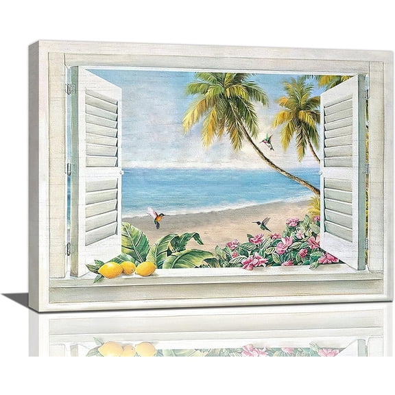 Beach Wall Art Beach Coastal Pictures Wall Decor Ocean Scenery Palm Tree Canvas Prints Seaside Plant Flower Painting Modern Artwork Home Decoration for Bathroom Bedroom Living Room 16"x12"