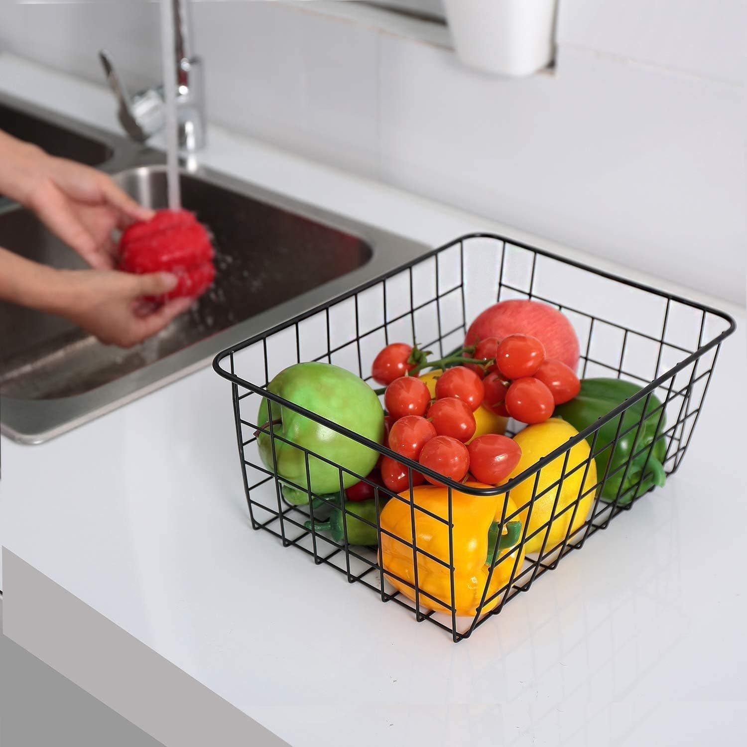 Wire Baskets for Organizing, 2 Pack Metal Kitchen Organizers and Storage Baskets, Wire Black Metal Storage Bins,Wardrobe Organizer,Laundry Basket,Snack Organizer(11 x 8.58 x 4.72 Inches)
