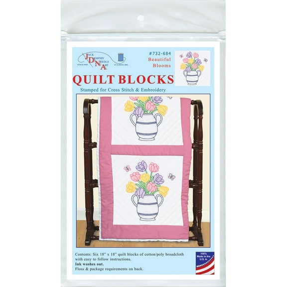Jack Dempsey Stamped White Quilt Blocks 18"X18" 6/Pkg-Beautiful Blooms