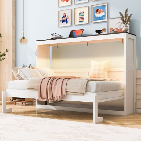 Murphy Bed with LED Light,can be Folded into a Cabinet,Hidden Wall Bed Cabinet,White