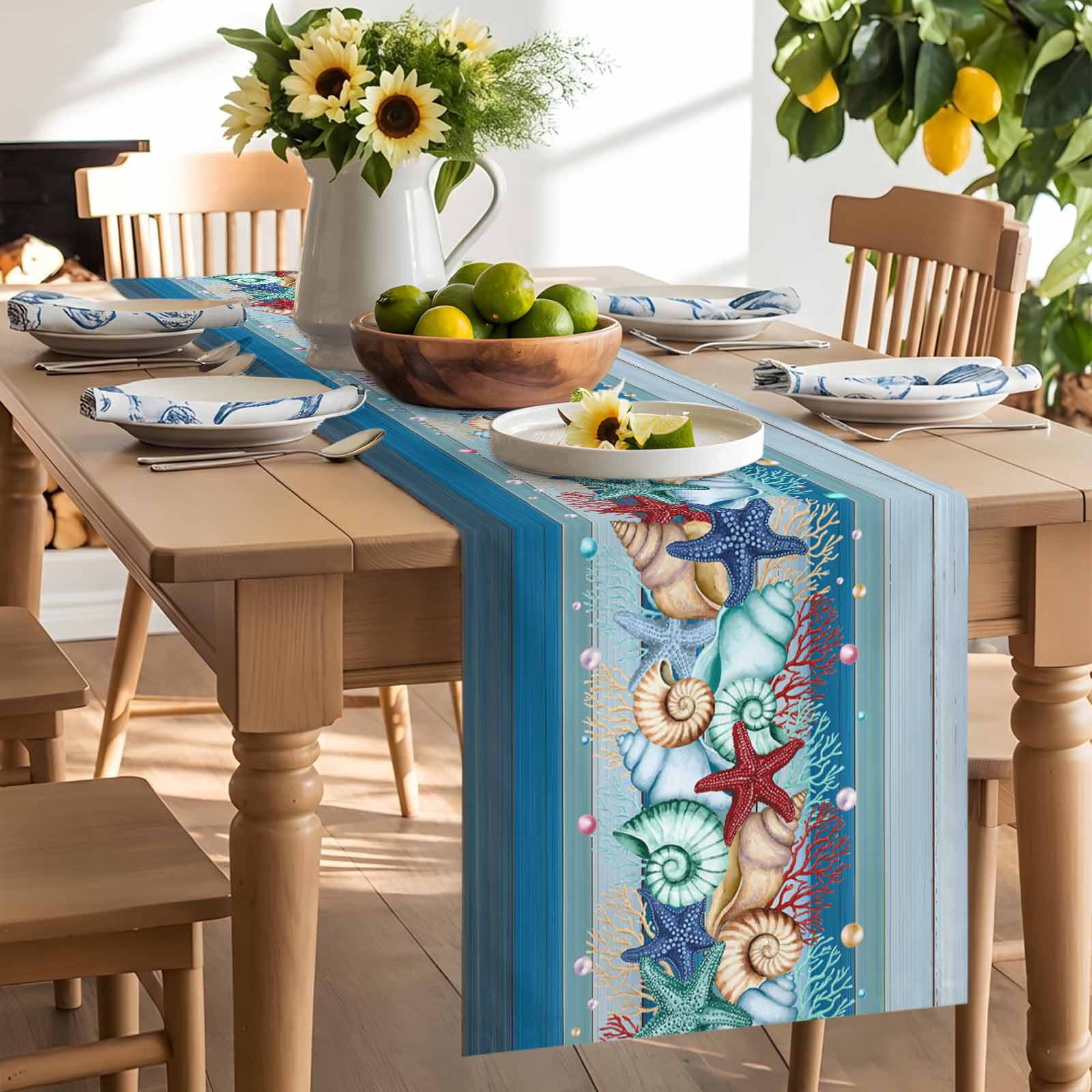 Watercolor Marine Life Starfish Table Runner 90 Inches Long, Blue Wood Grain Table Runners Tabletop Scarf Kitchen Dining Tables Decoration for Home Party Indoor Outdoor