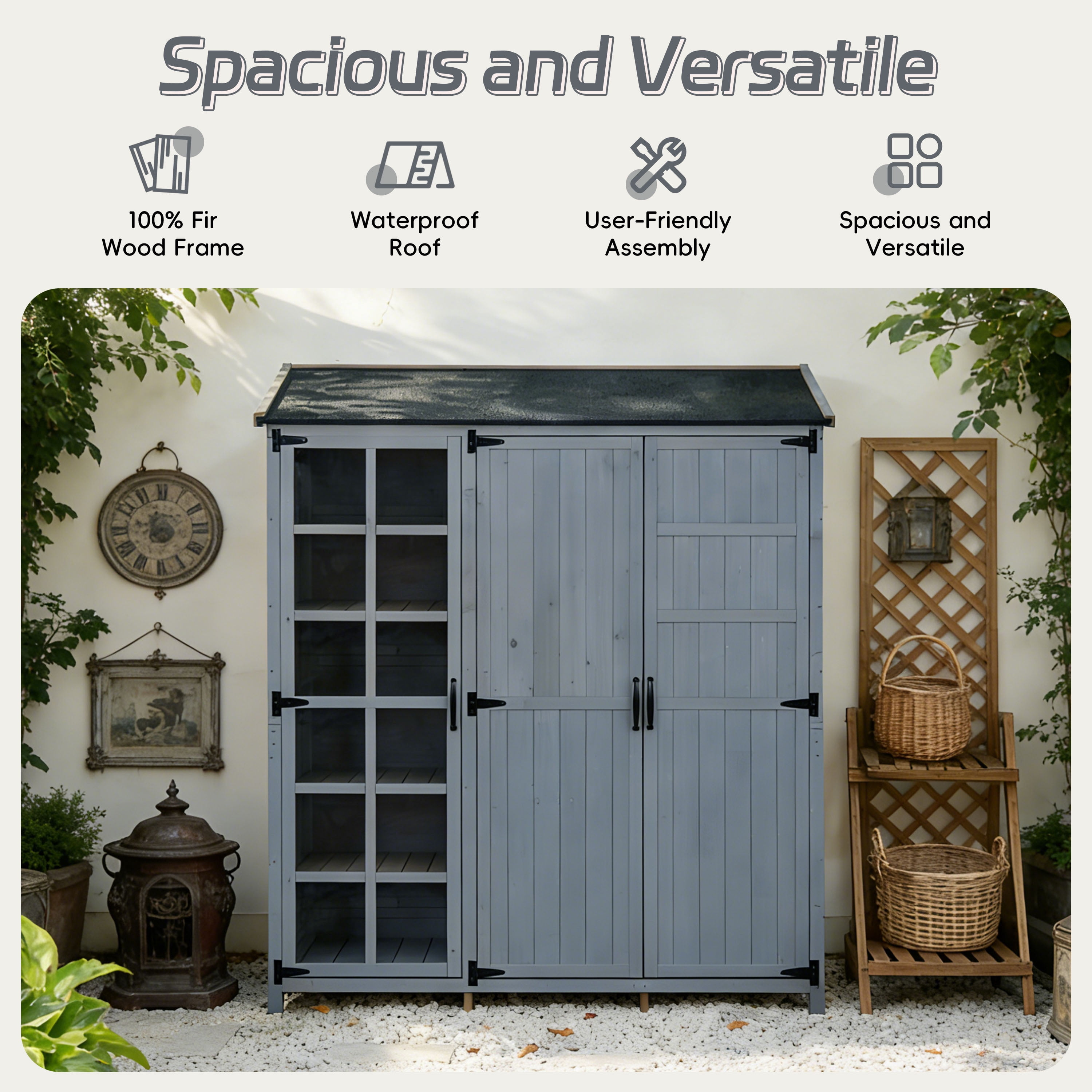 Harper & Bright Designs Patio Garden Shed Storage, Wood Outdoor Storage Cabine with Doors and Shelves Drawers, Tall Patio Shed with Workstation and Waterproof Roof for Backyard, Gray