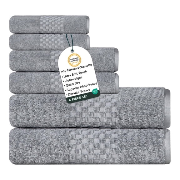 Feather and Stitch Premium 100% Cotton 6-Piece Towel Set, Grey – Soft, Plush, and Absorbent Bathroom Towels
